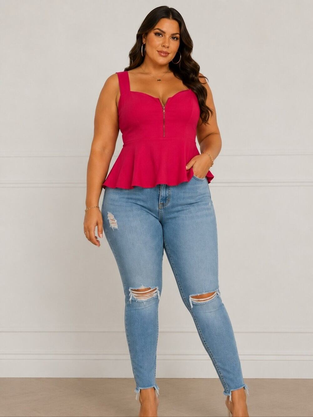 Torrid Hot Pink Peplum Tank Top 1X Sweetheart Neckline Zip Front Y2K Coquette